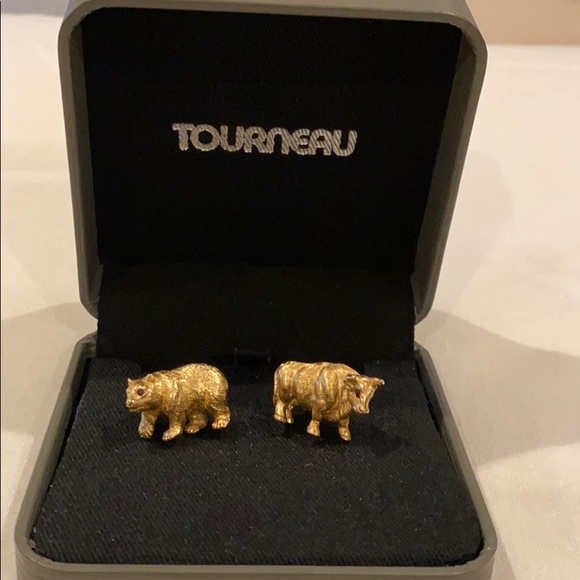 TOURNEAU 14K GOLD HEAVY BULL & BEAR CUFFLINKS WITH REAL RUBY EYES - Picture 3 of 10